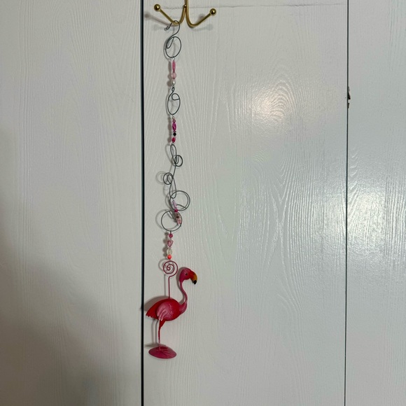 Handmade flamingo mobile. Metal pink flamingo hangs from metal and bead hanger - Picture 2 of 9